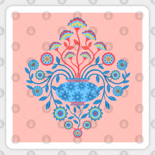 DREAMY DAMASK Cottagecore Floral Botanical Damask with Vase Icy Blue Red Yellow Pink - UnBlink Studio by Jackie Tahara Sticker by UnBlink Studio by Jackie Tahara